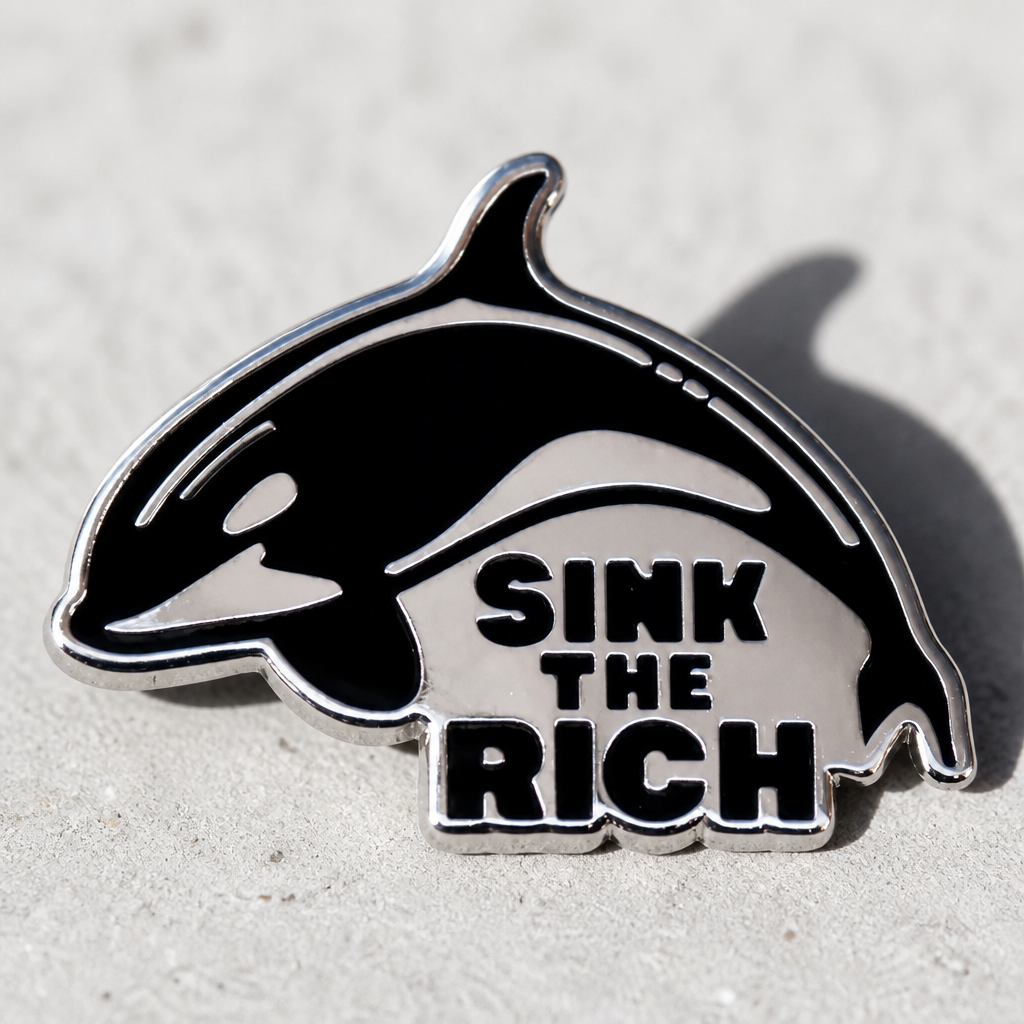 Black and white Sink The Rich orca enamel pin with killer whale design on a concrete surface