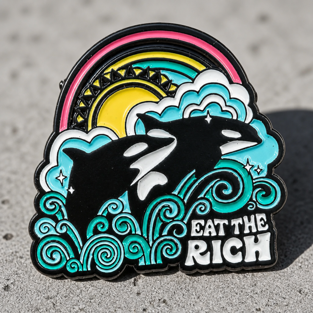 Colorful enamel pin featuring two orca whales beneath a rainbow with the phrase Eat the Rich on a concrete surface