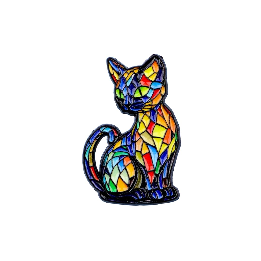 Colorful stained glass style cat enamel pin featuring vibrant mosaic artwork and geometric patterns