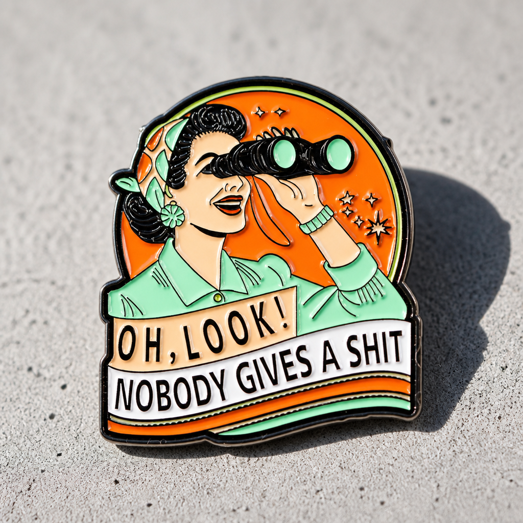 Retro style enamel pin with woman using binoculars and the phrase “Oh Look, Nobody Gives a Shit” on a concrete surface