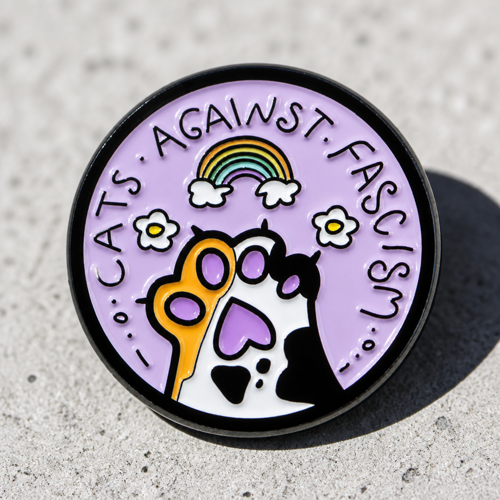 Pastel enamel pin reading “Cats Against Fascism” with rainbow and cat paw artwork on a concrete surface