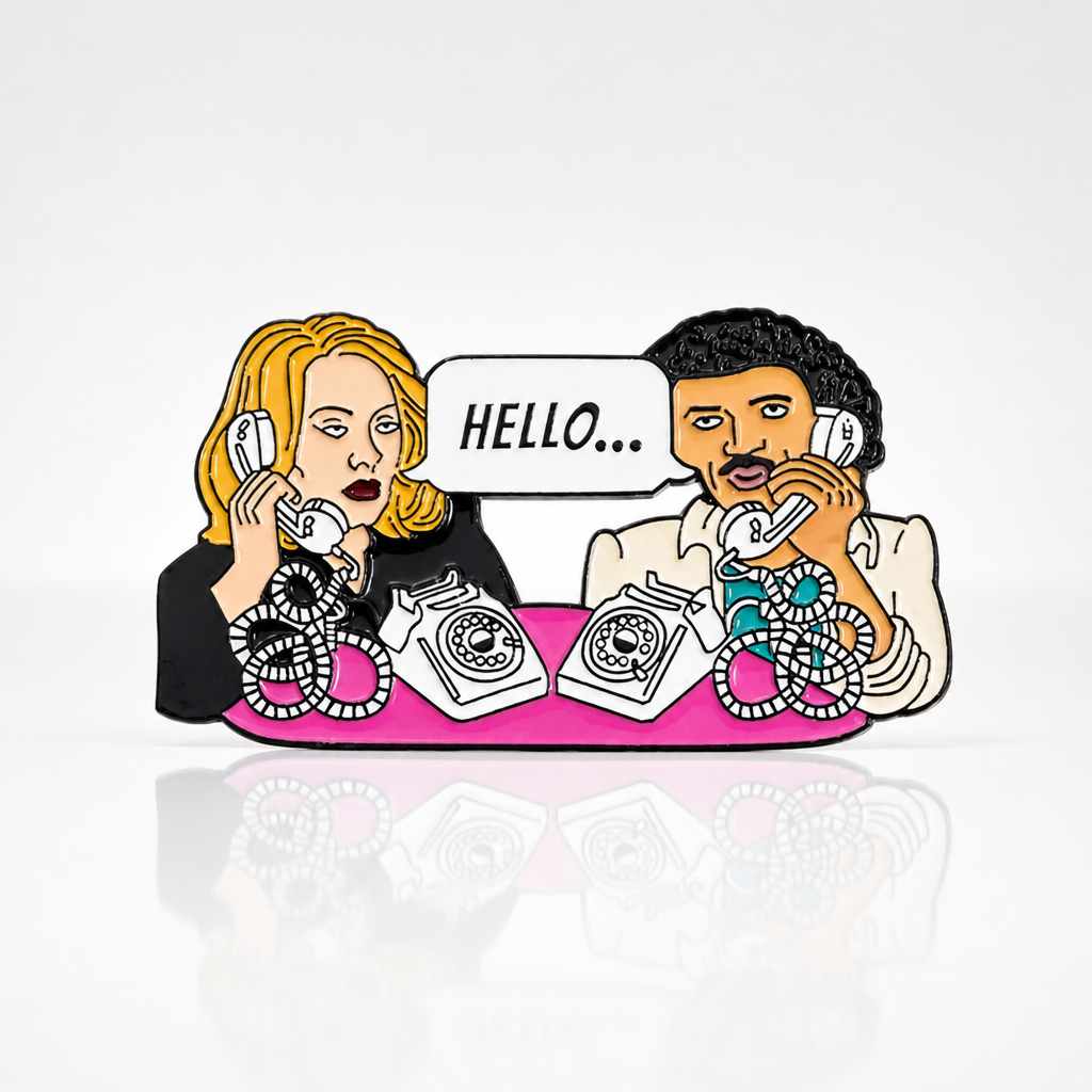 Funny enamel pin featuring parody retro phone conversation inspired by iconic “Hello” pop culture references