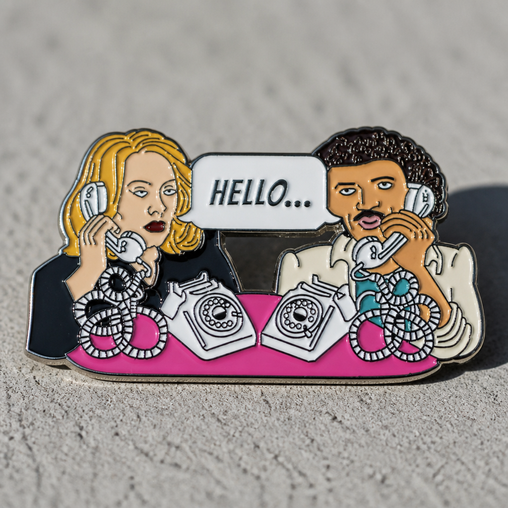 Funny enamel pin featuring parody retro phone conversation inspired by iconic “Hello” pop culture references on a concrete surface