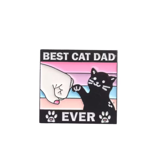 Best Cat Dad Ever enamel pin featuring black cat and pastel fist-bump design