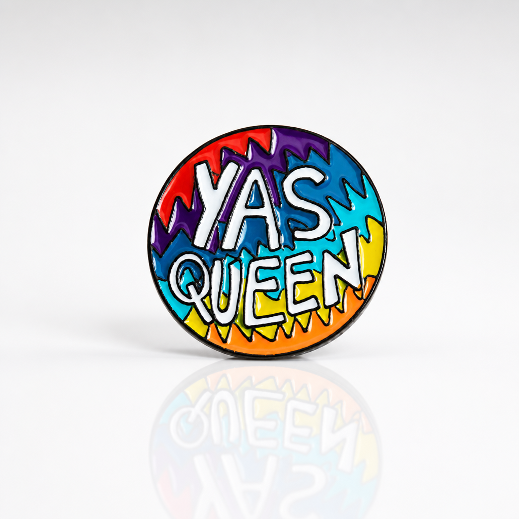 Yas Queen Rainbow enamel pin with colorful Pride-inspired lettering design