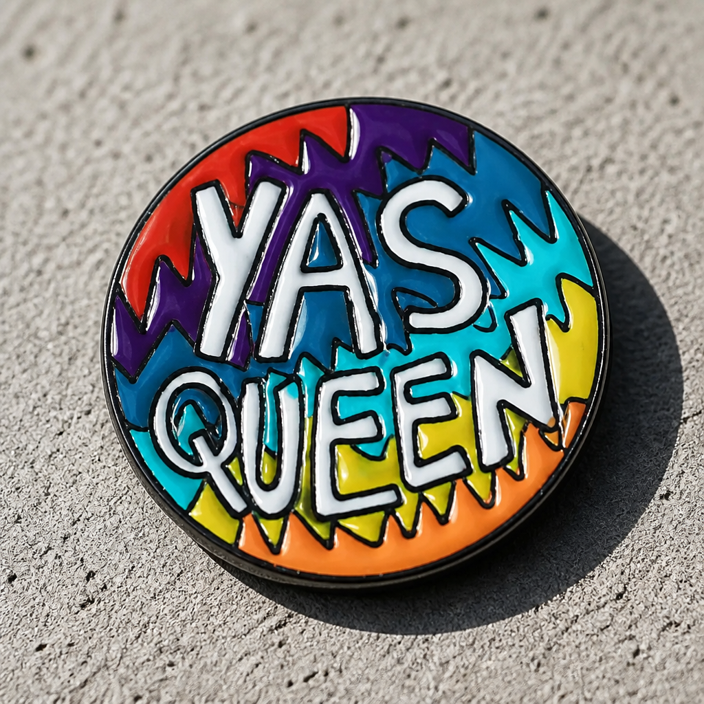 Yas Queen Rainbow enamel pin with colorful Pride-inspired lettering design on a concrete surface