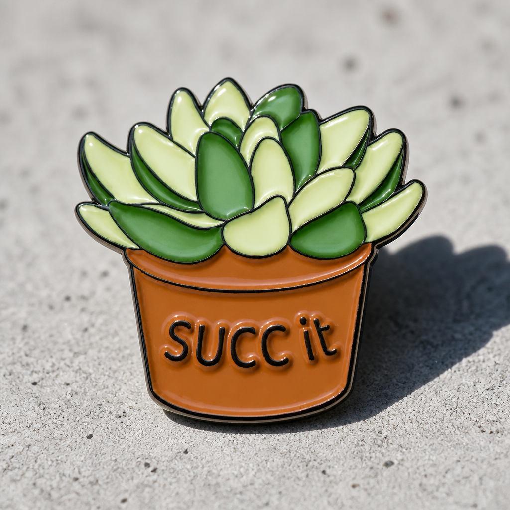 Succ It succulent enamel pin featuring green potted plant with funny text design on a concrete surface
