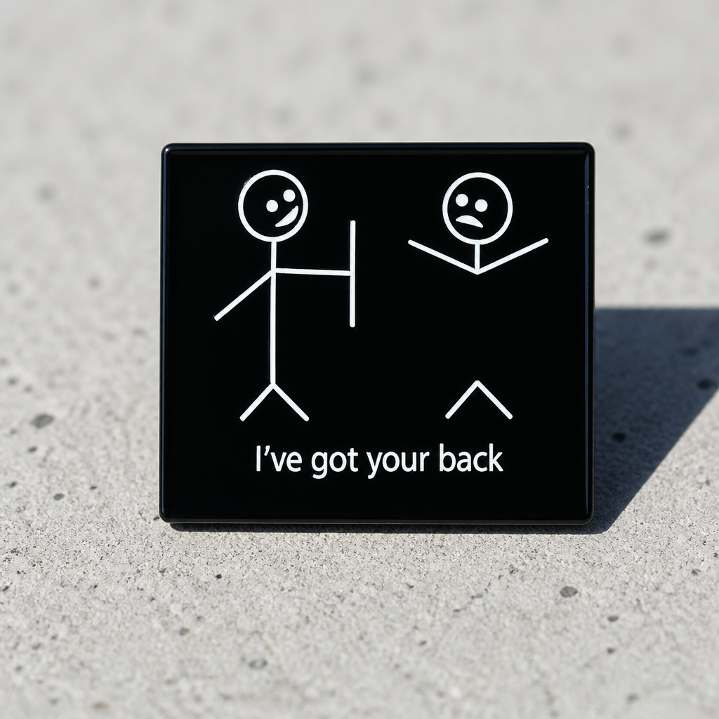 Funny enamel pin with stick figure visual joke and the phrase “I’ve Got Your Back” on a concrete surface