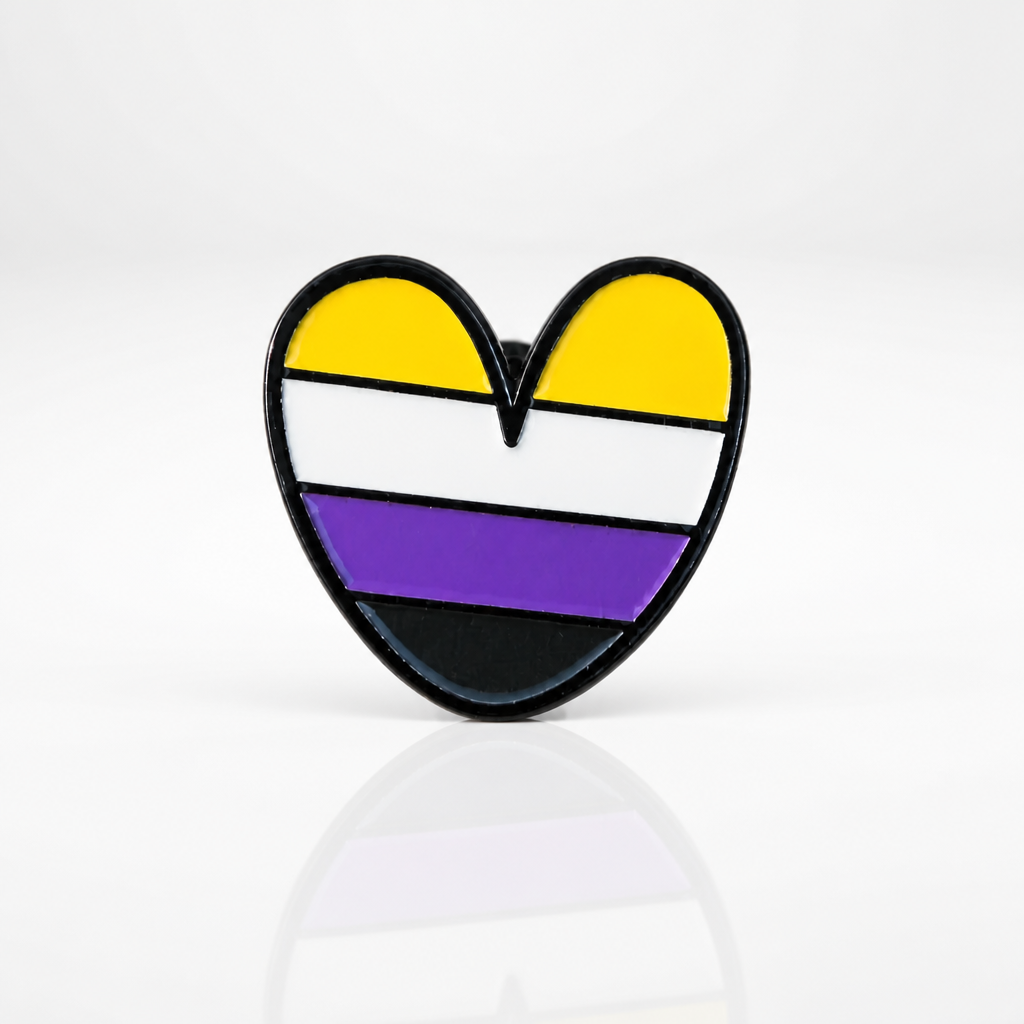 Nonbinary Pride Heart Enamel Pin - Heart-shaped pin with a non-binary pride flag design on a white background