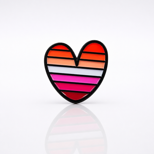 Lesbian Pride Heart Enamel Pin with multiple stripes of color representing the Lesbian Pride flag