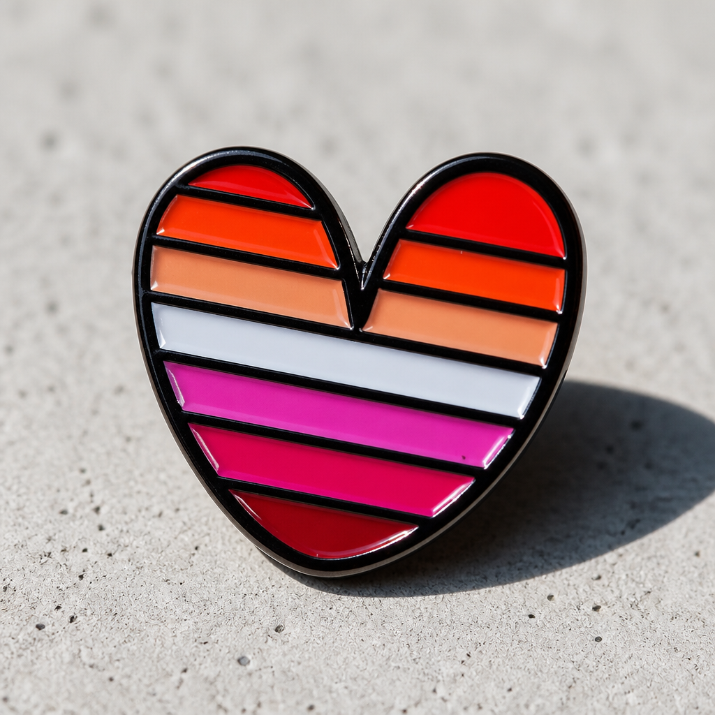 Lesbian Pride Heart Enamel Pin with multiple stripes of color representing the Lesbian Pride flag on a concrete surface