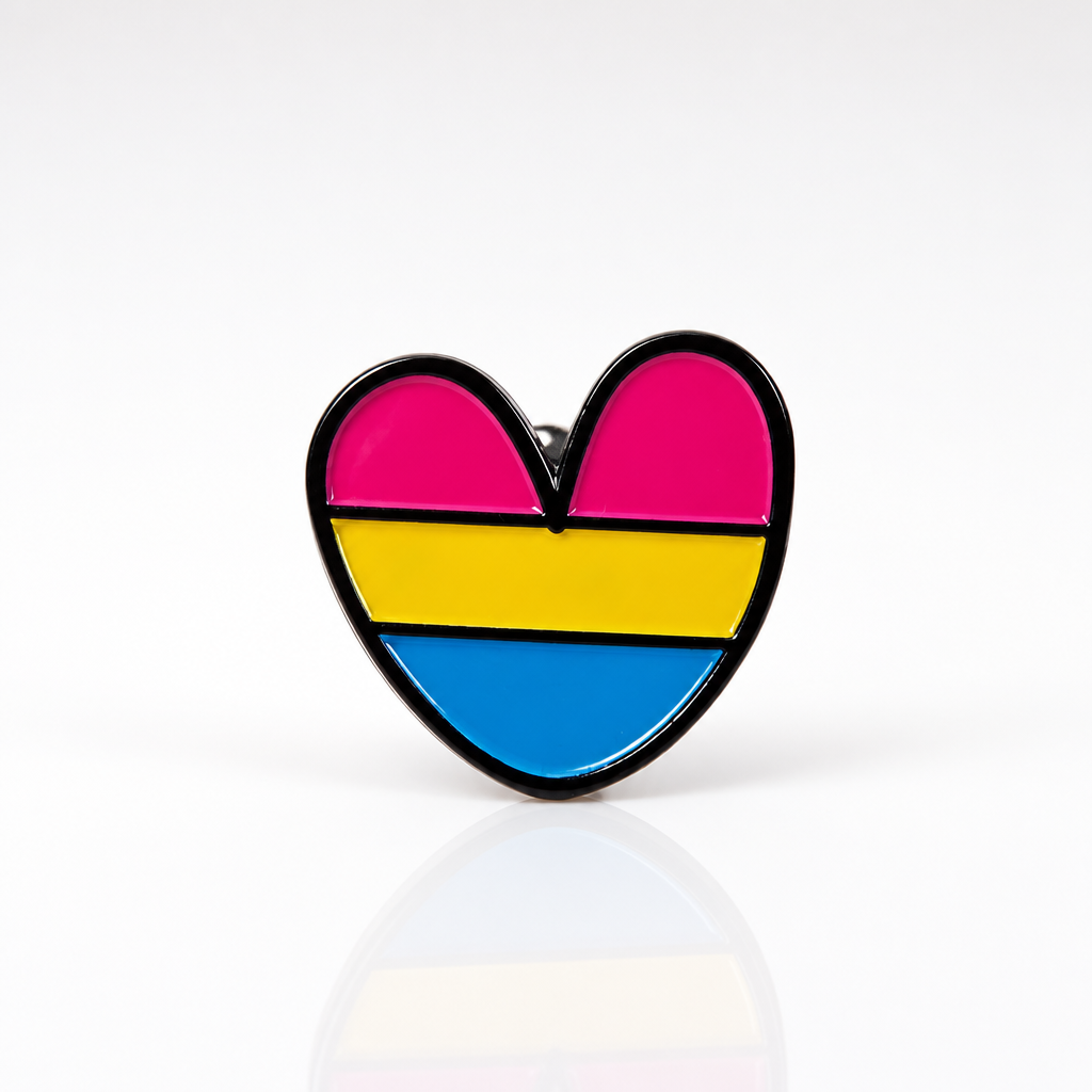 Pansexual Pride Heart Enamel Pin with the Pan Pride colors of red, yellow and blue