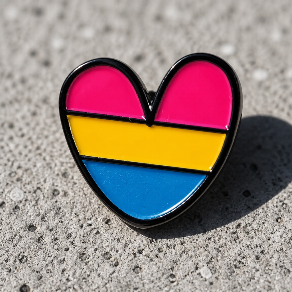 Pansexual Pride Heart Enamel Pin with the Pan Pride colors of red, yellow and blue on a concrete surface
