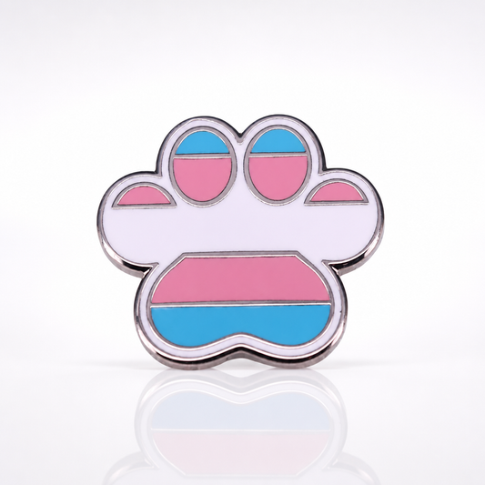 Transgender pride paw print enamel pin with light blue pink and white flag colors