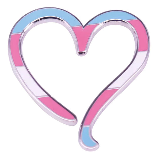 Hollow heart enamel pin with transgender pride flag colors and silver outline