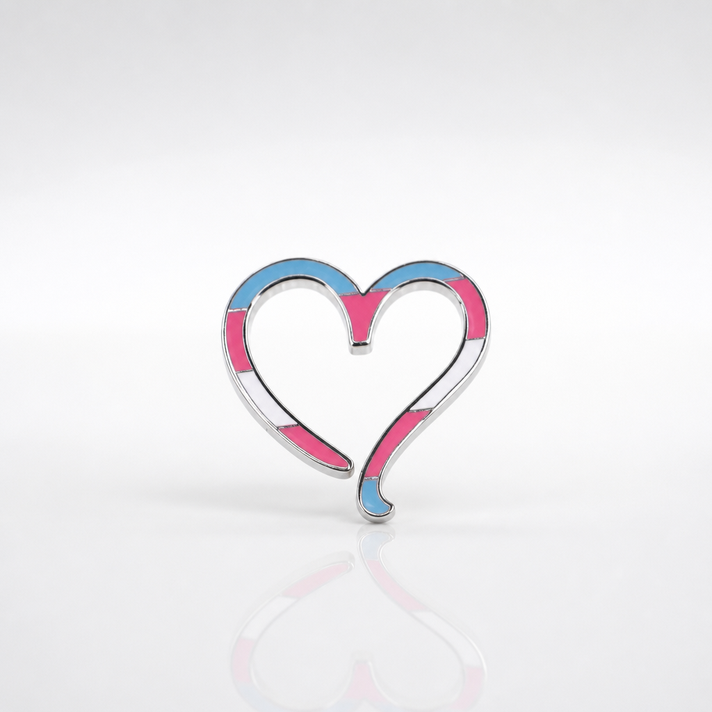 Hollow heart enamel pin with transgender pride flag colors and silver outline