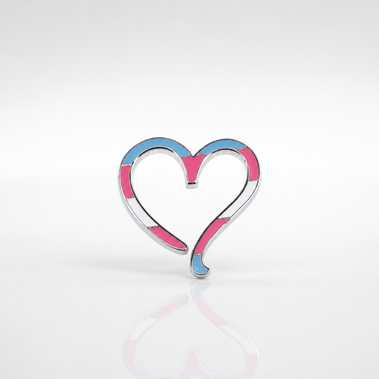 Hollow heart enamel pin with transgender pride flag colors and silver outline