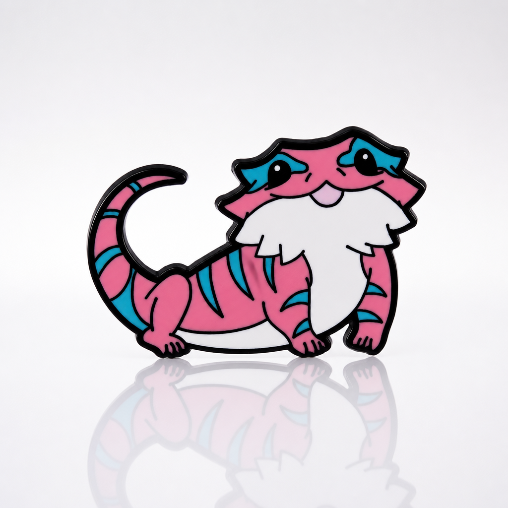 Cute bearded dragon enamel pin featuring Trans Pride flag colors