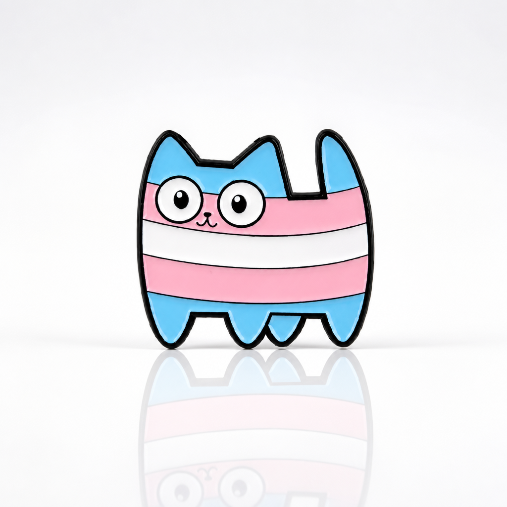 Cute cartoon kitty enamel pin featuring Trans Pride flag colors