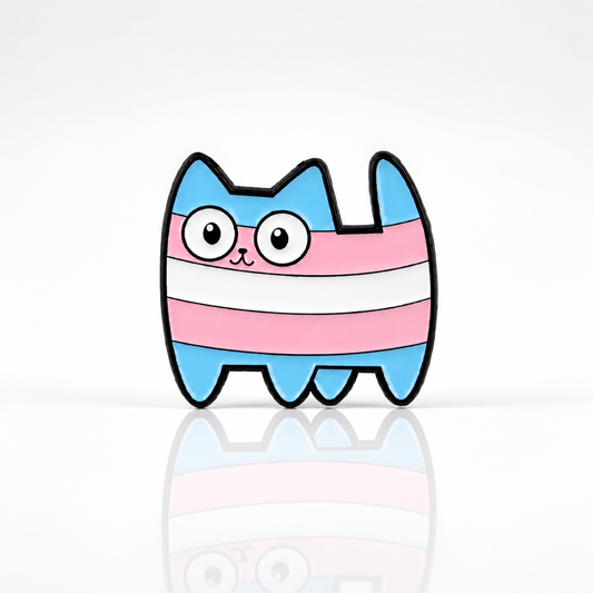 Cute cartoon kitty enamel pin featuring Trans Pride flag colors