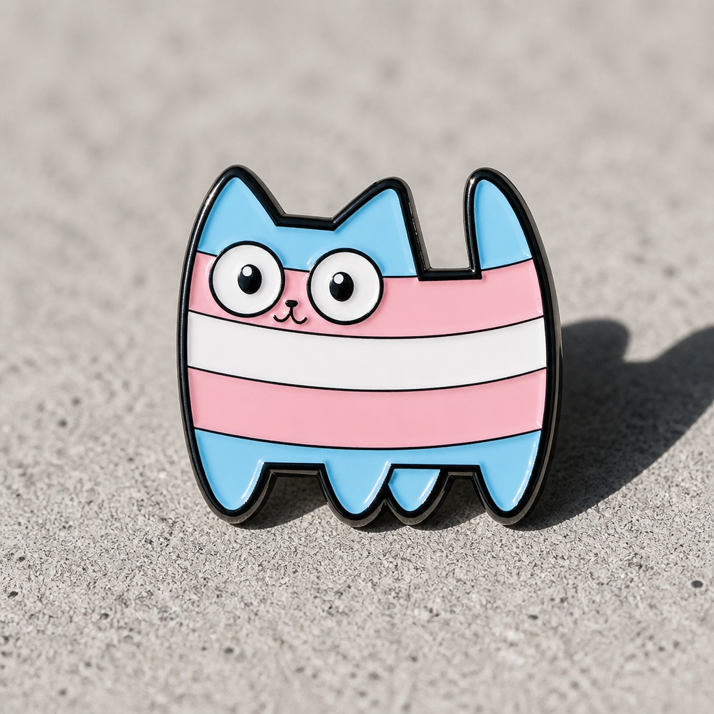 Cute cartoon kitty enamel pin featuring Trans Pride flag colors on a concrete surface