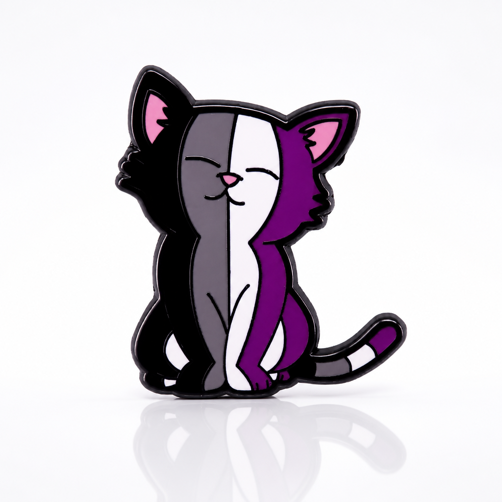 Cute ACE Chill Cat enamel pin featuring smiling cat in asexual pride flag colors
