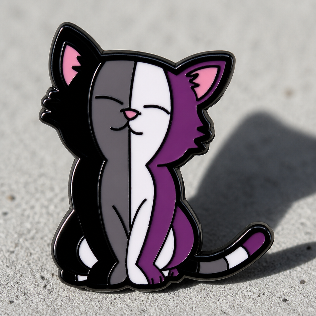 Cute ACE Chill Cat enamel pin featuring smiling cat in asexual pride flag colors on a concrete surface