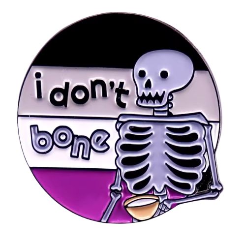 Ace Pride skeleton enamel pin with “I Don’t Bone” text