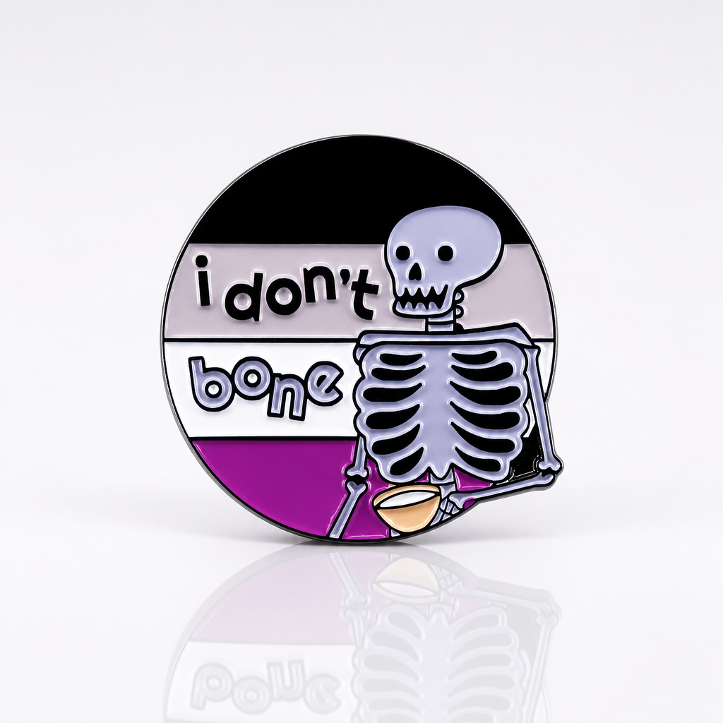 Ace Pride skeleton enamel pin with “I Don’t Bone” text
