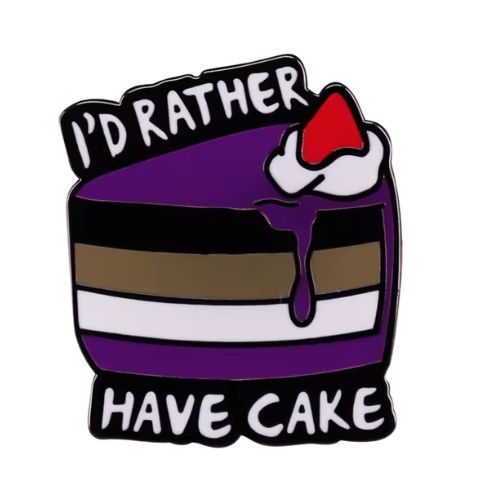 Ace Pride enamel pin with cake design and “I’d Rather Have Cake” text