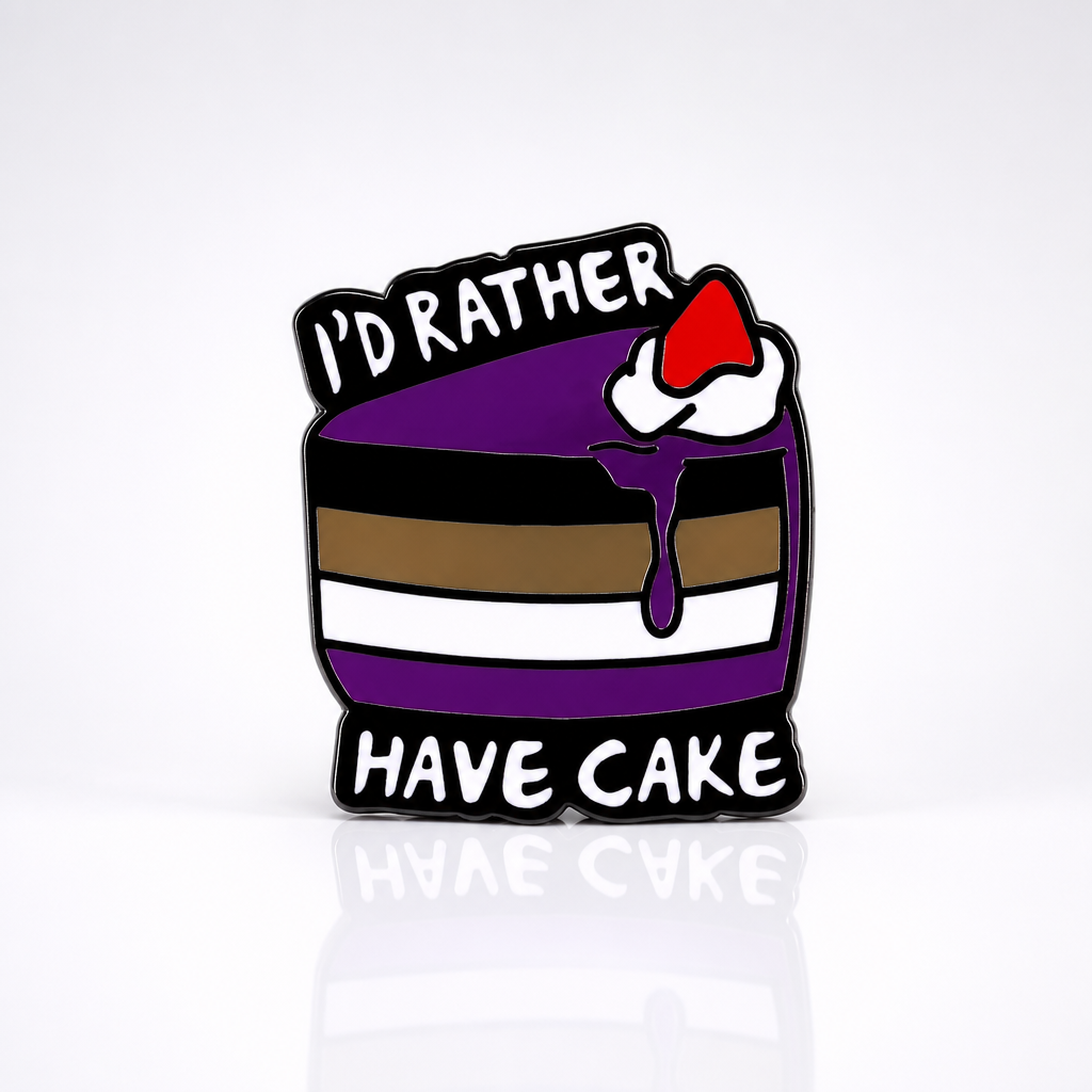 Ace Pride enamel pin with cake design and “I’d Rather Have Cake” text