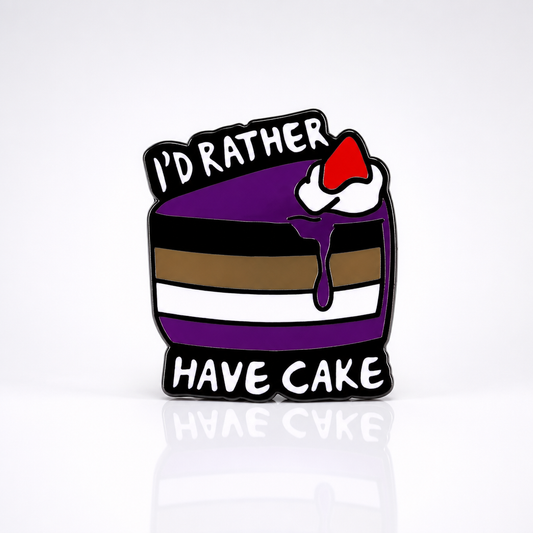 Ace Pride enamel pin with cake design and “I’d Rather Have Cake” text
