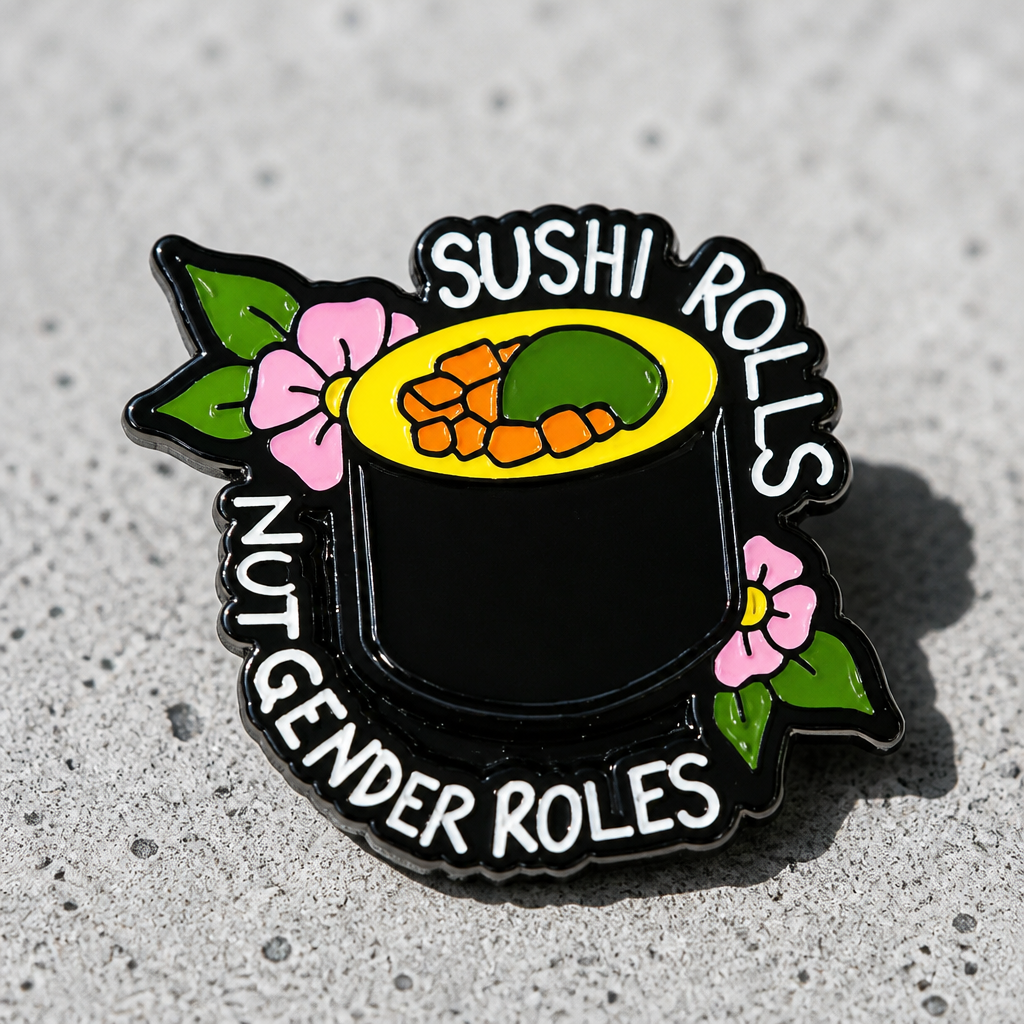 Sushi Rolls Not Gender Roles enamel pin with colorful sushi design and flowers on a concrete surface