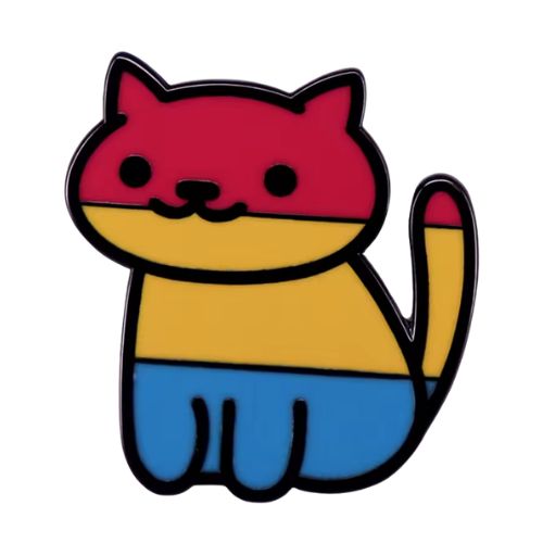 Pan Pride cat enamel pin featuring cute kitty design in pink yellow and blue pansexual flag colors