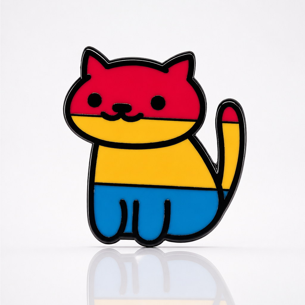 Pan Pride cat enamel pin featuring cute kitty design in pink yellow and blue pansexual flag colors