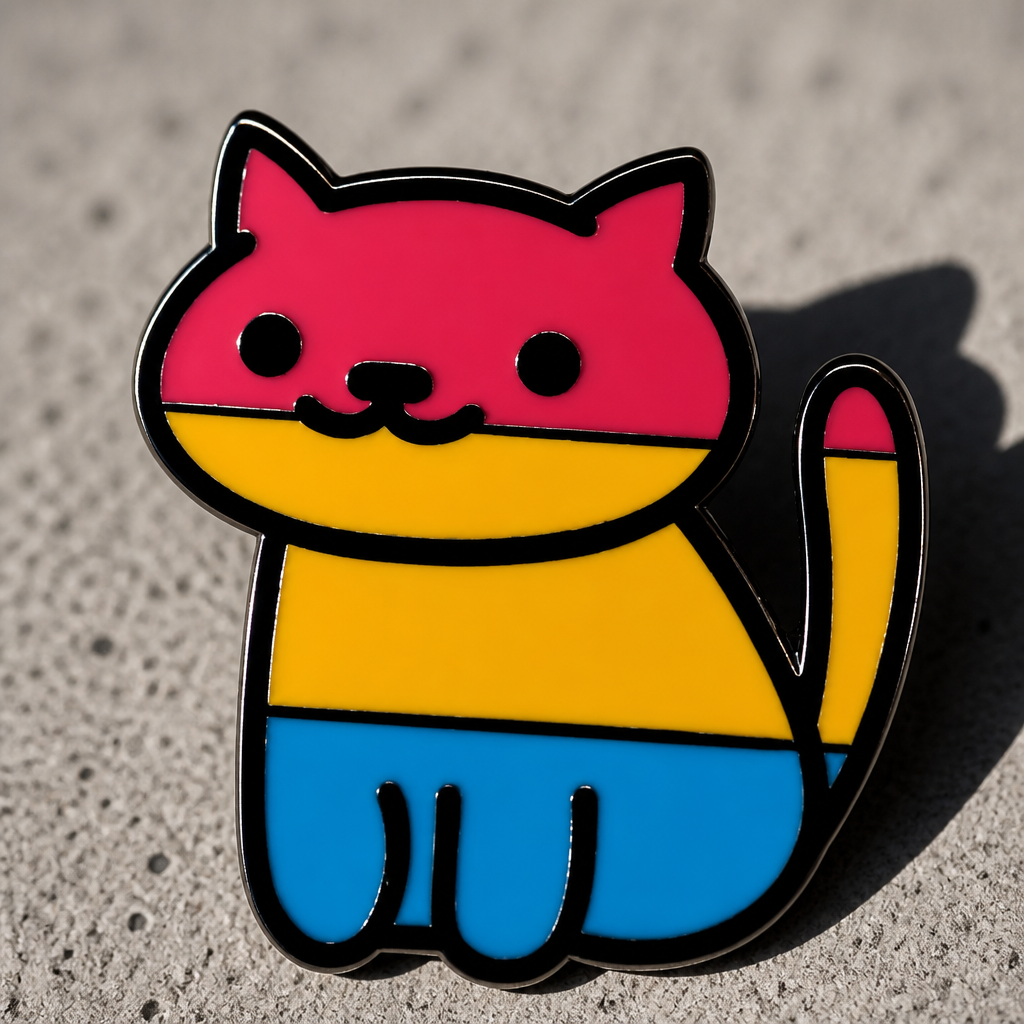 Pan Pride cat enamel pin featuring cute kitty design in pink yellow and blue pansexual flag colors on a concrete surface