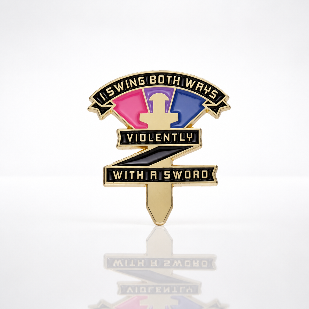 Bisexual Pride enamel pin featuring sword artwork and “My Sword Swings Both Ways” text
