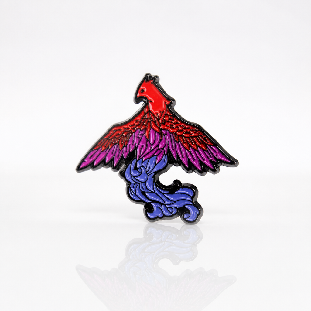 Phoenix enamel pin featuring bisexual Pride flag colors in pink, purple, and blue