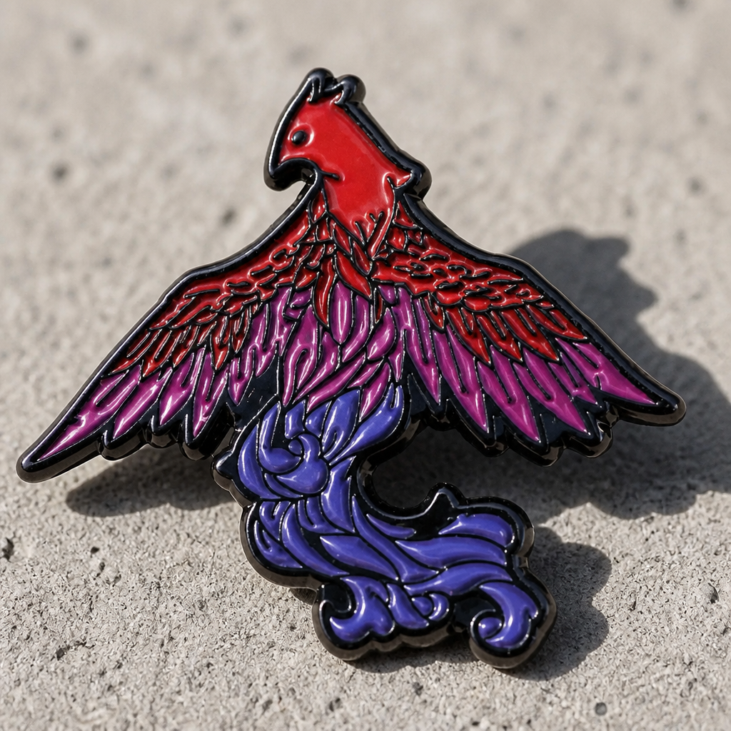 Phoenix enamel pin featuring bisexual Pride flag colors in pink, purple, and blue on a concrete surface