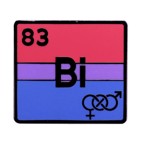 Bisexual pride enamel pin designed like a periodic table element with pink purple and blue flag colors