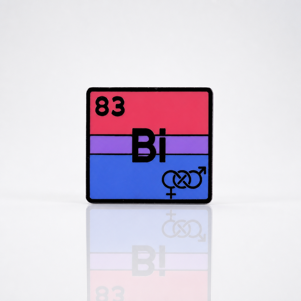 Bisexual pride enamel pin designed like a periodic table element with pink purple and blue flag colors