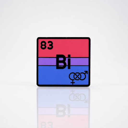 Bisexual pride enamel pin designed like a periodic table element with pink purple and blue flag colors