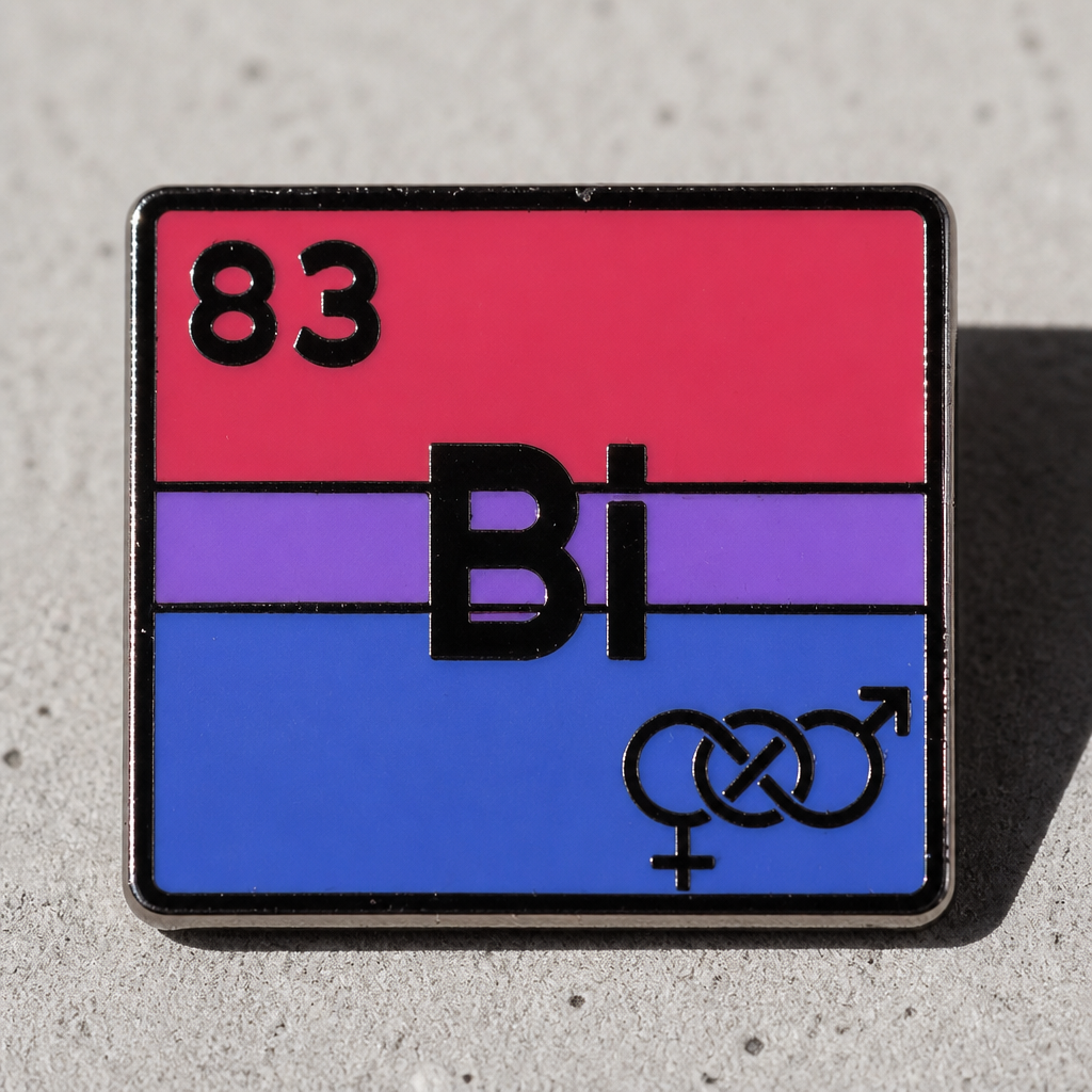 Bisexual pride enamel pin designed like a periodic table element with pink purple and blue flag colors on a concrete surface