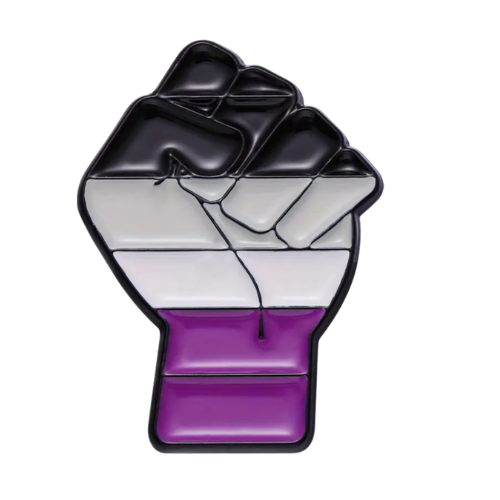 Asexual Resist Pride fist enamel pin featuring raised fist design in ace Pride colors