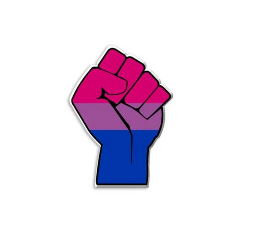 Bisexual Resist Pride fist enamel pin featuring raised fist design in bisexual Pride colors