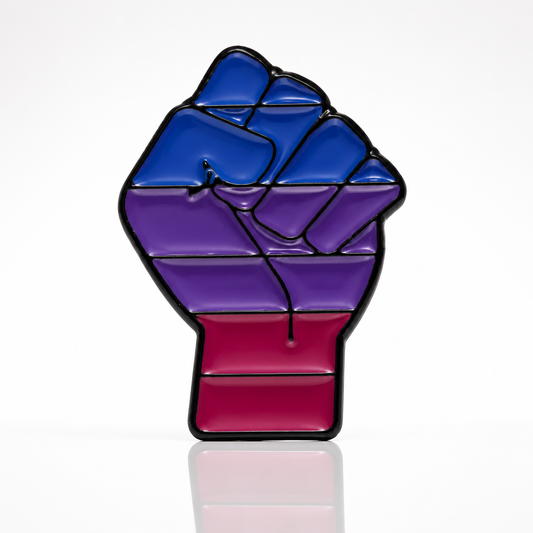 Bisexual Resist Pride fist enamel pin featuring raised fist design in bisexual Pride colors
