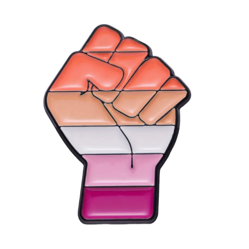 Lesbian Resist Pride fist enamel pin featuring raised fist design in lesbian Pride colors
