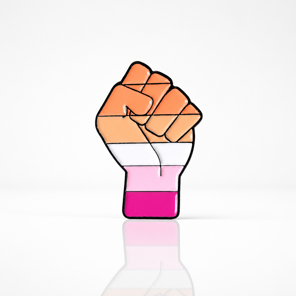 Lesbian Resist Pride fist enamel pin featuring raised fist design in lesbian Pride colors
