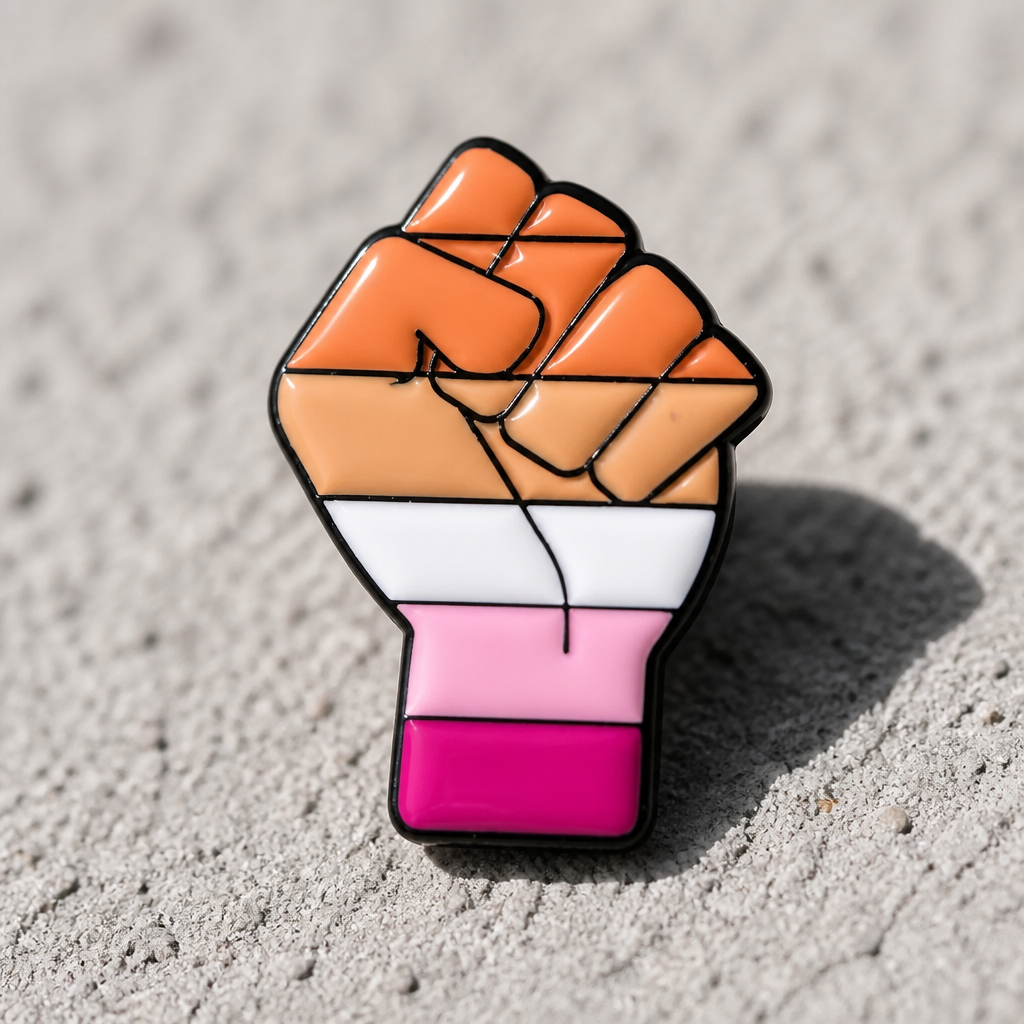 Lesbian Resist Pride fist enamel pin featuring raised fist design in lesbian Pride colors on a concrete surface