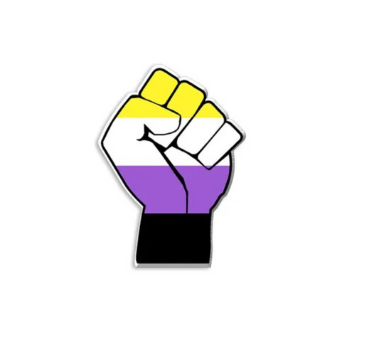 Nonbinary Resist Pride fist pin featuring raised fist design in nonbinary Pride colors